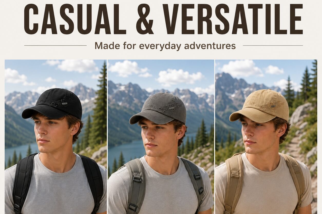 Casual outdoor cotton baseball cap in black, gray, and khaki colors for hiking, travel, daily wear, and weekend adventures.