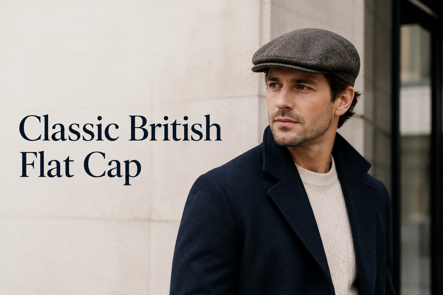 Man wearing a classic British flat cap with a navy wool coat and cream knit sweater in a modern city setting.