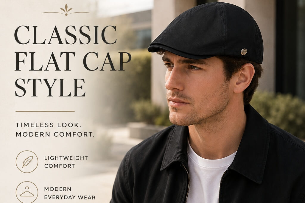 Man wearing a black classic flat cap with black, navy, and light gray flat cap color options for modern everyday style.