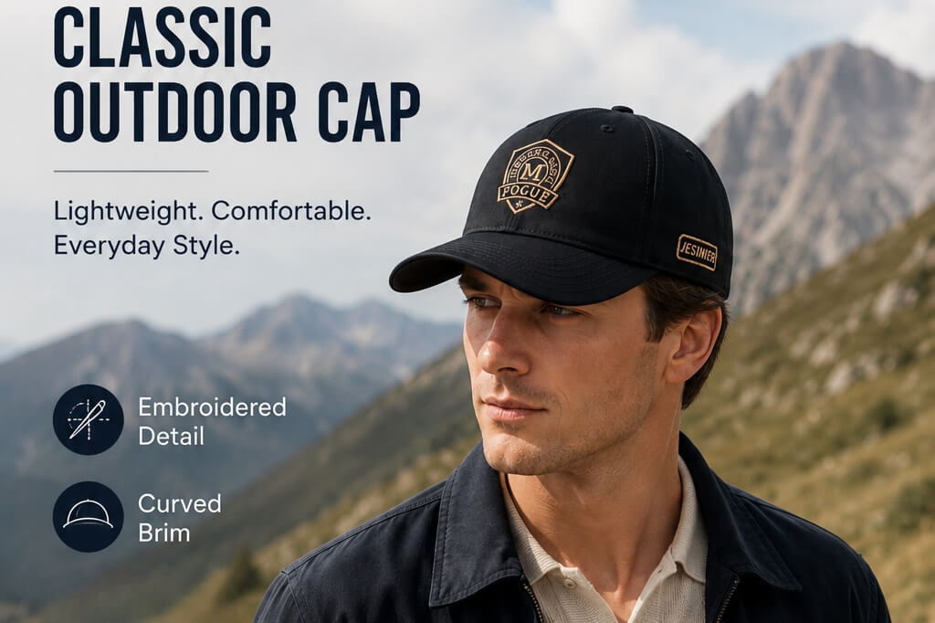 Man wearing a black embroidered outdoor baseball cap with a curved brim in a mountain travel outfit.