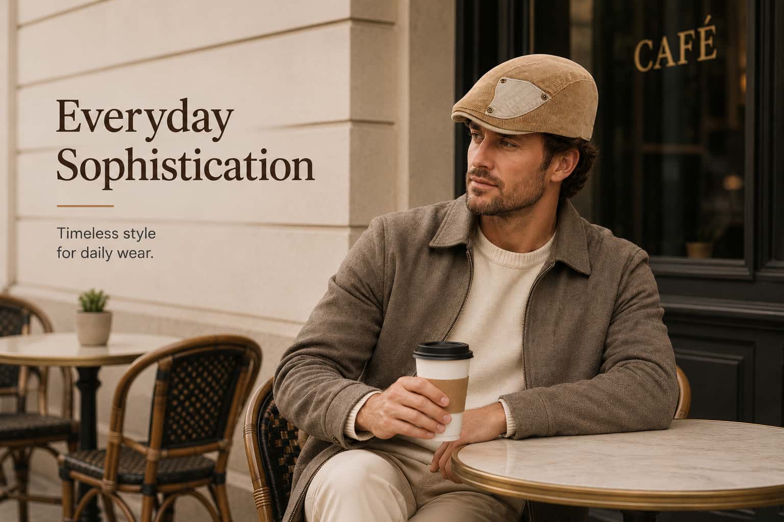 Man wearing a khaki corduroy flat cap with soft crown and adjustable fit in a refined café-style everyday outfit.
