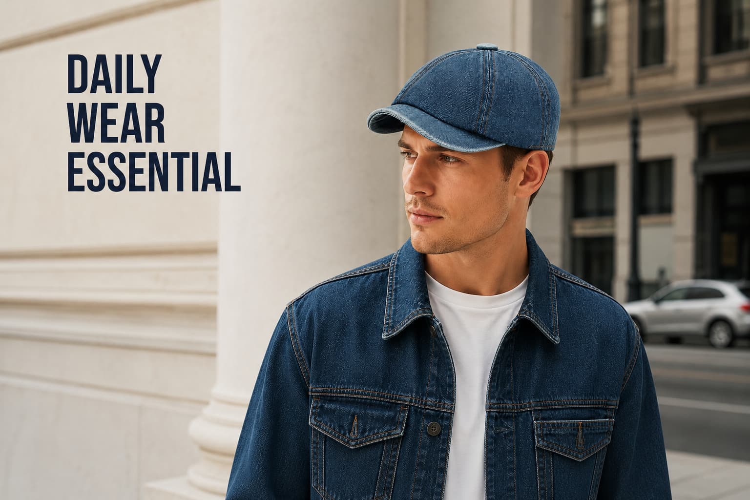 Man wearing a blue denim baseball cap for everyday casual style