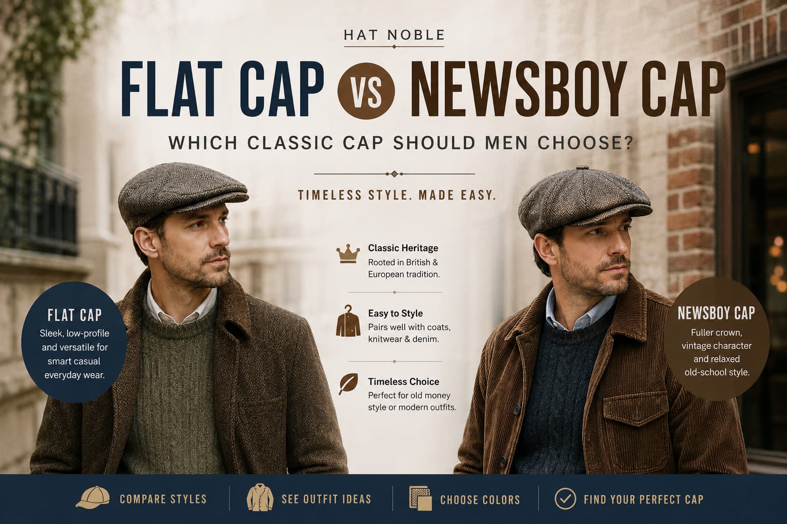 Two men wearing old money caps for men, one in a flat cap and one in a newsboy cap, styled with smart casual outfits.