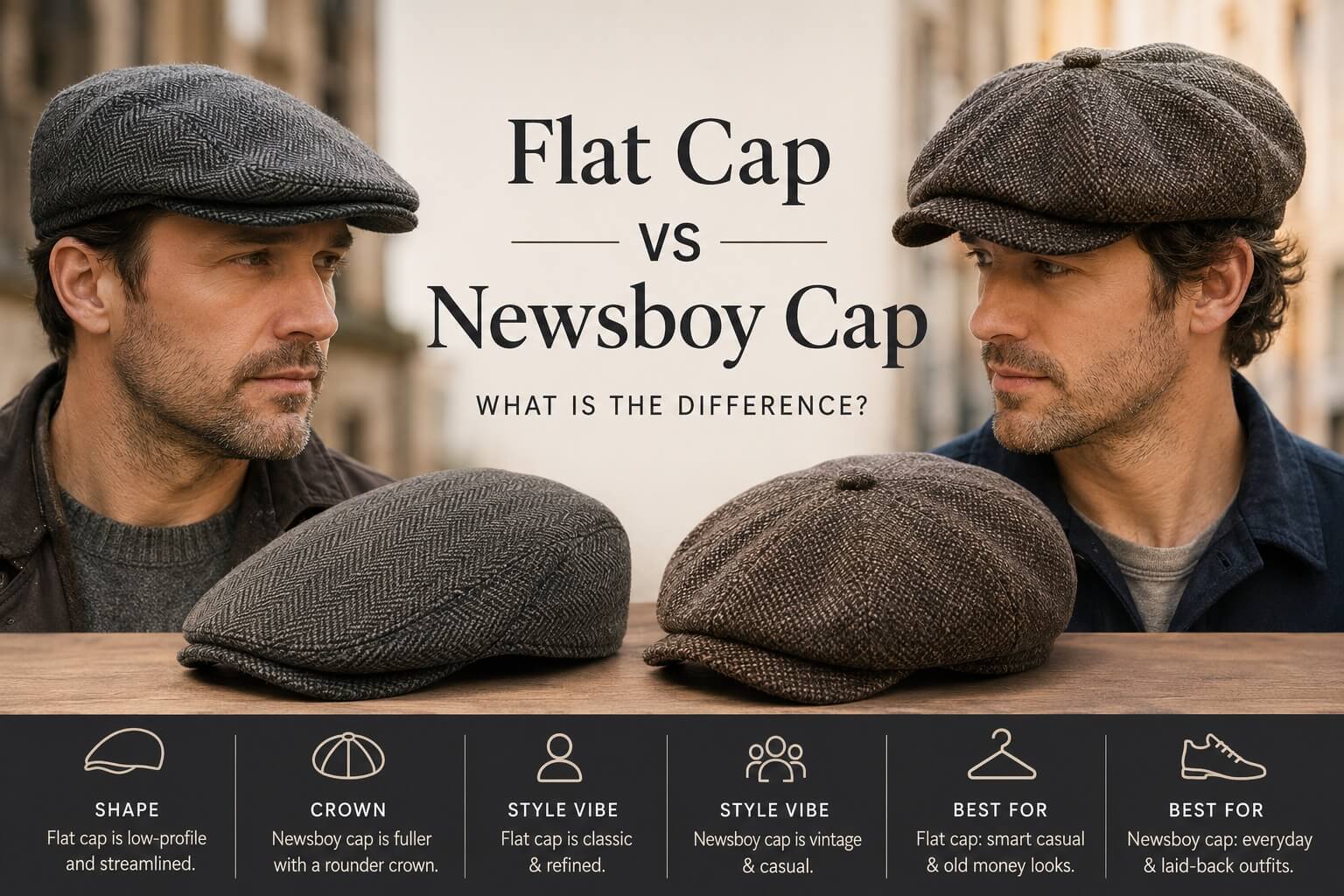 Flat cap and newsboy cap side by side in a warm vintage style guide composition
