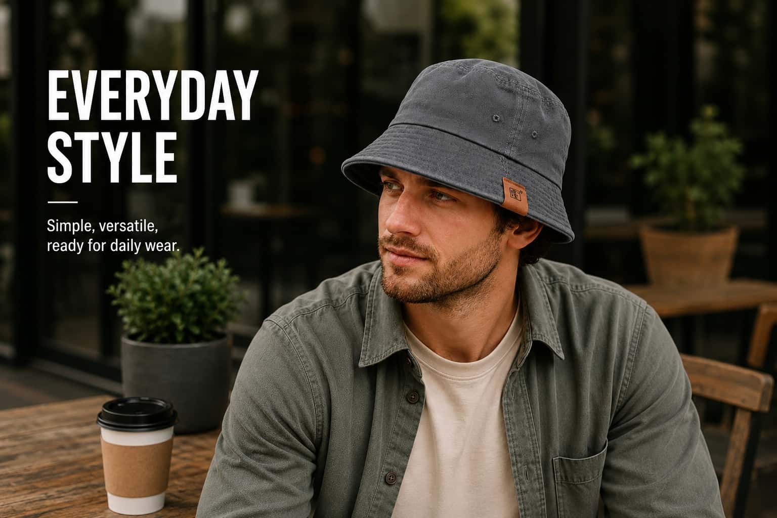 Man wearing a gray bucket hat with a casual overshirt for everyday city style.