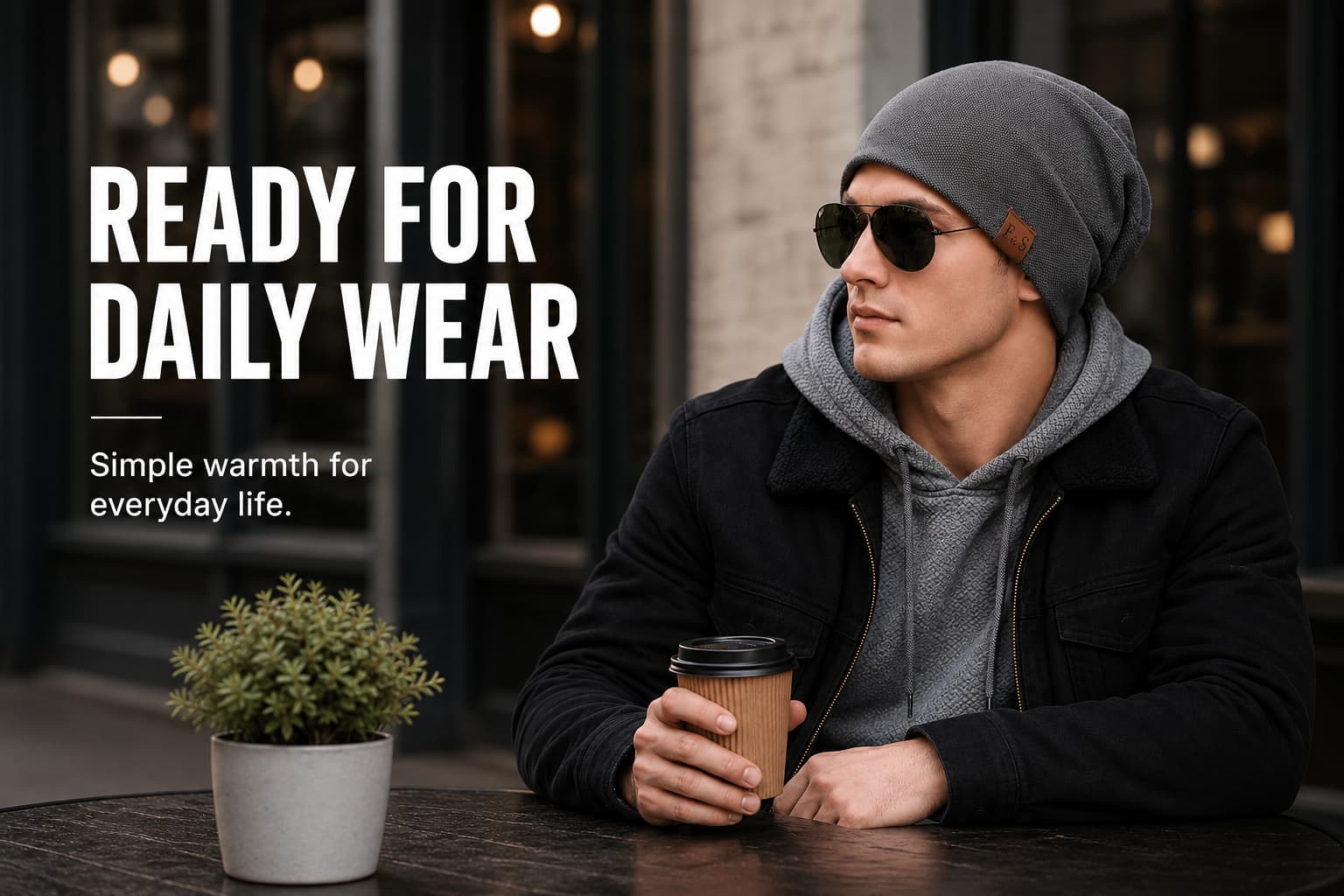 Man wearing a gray slouchy beanie with a hoodie and black jacket at an outdoor café for casual daily wear.