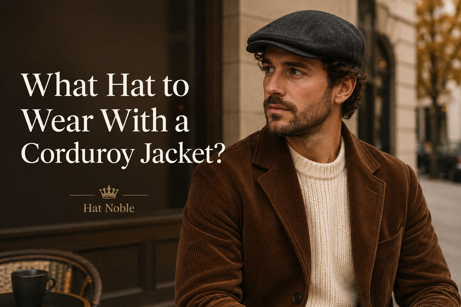 Man wearing a charcoal flat cap with a brown corduroy jacket in a warm autumn smart casual street setting.