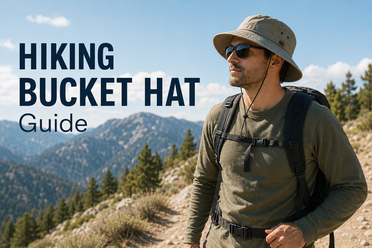 Man wearing a khaki hiking bucket hat with outdoor clothing and a backpack on a sunny mountain trail.