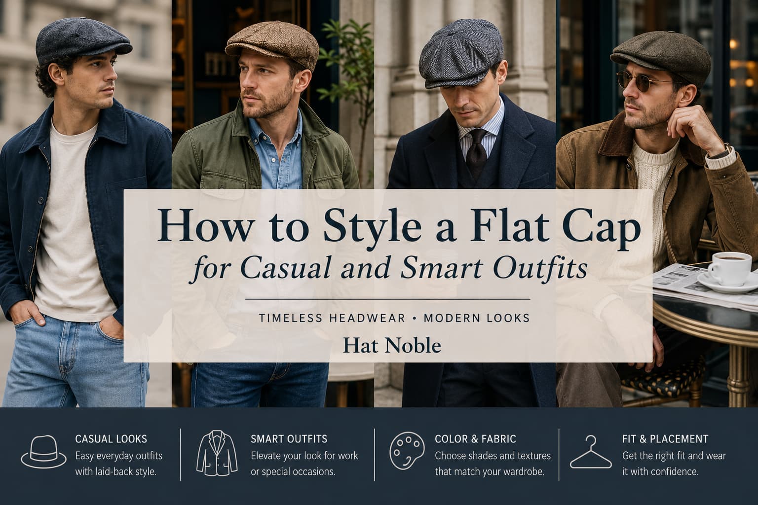 Man wearing a flat cap with casual and smart casual outfit pieces in a clean editorial style scene.