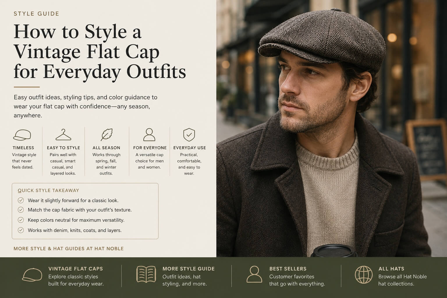 Model wearing a vintage flat cap with a knit sweater and casual coat for everyday outfit styling