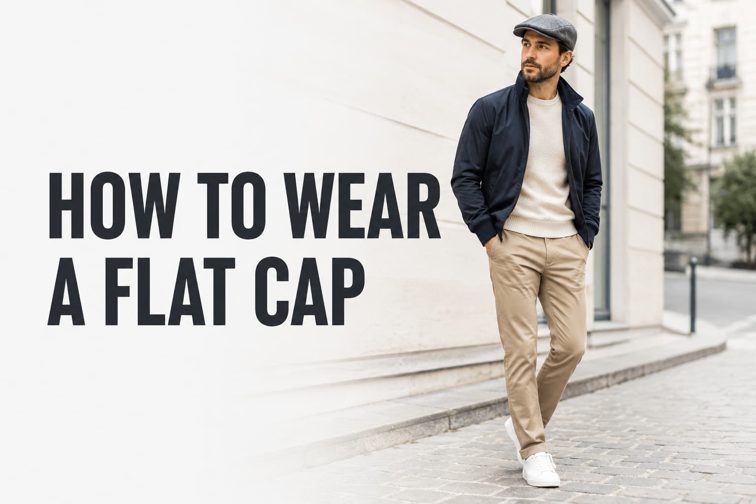 Man wearing a gray flat cap, navy jacket, cream knit top, chinos, and sneakers showing how to wear a flat cap casually
