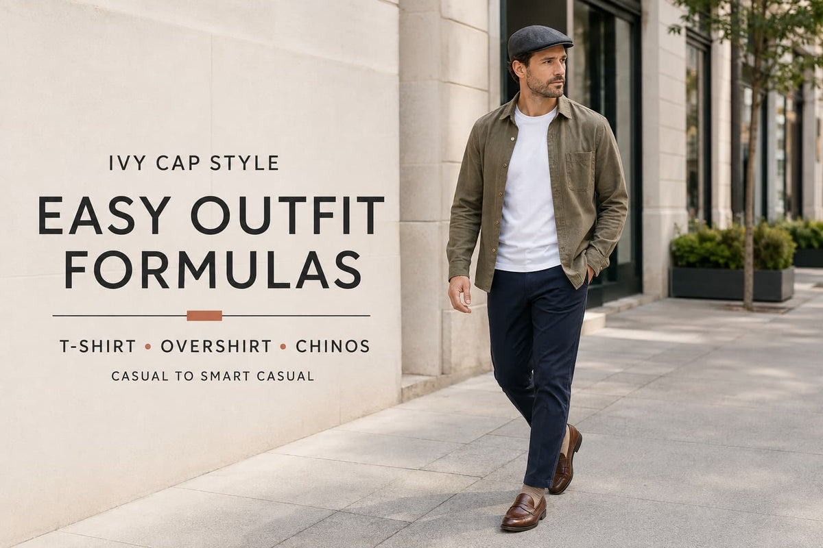 Man showing how to wear an ivy cap with a white T-shirt, olive overshirt, navy chinos, and brown loafers in the city.