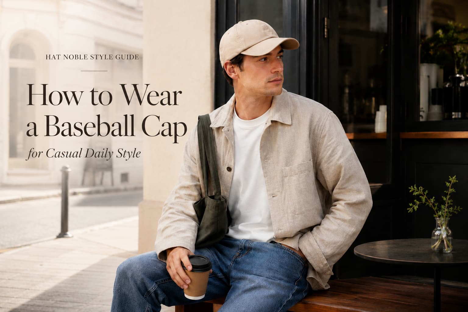 Adult model wearing a neutral baseball cap with a casual daily outfit in a clean lifestyle setting
