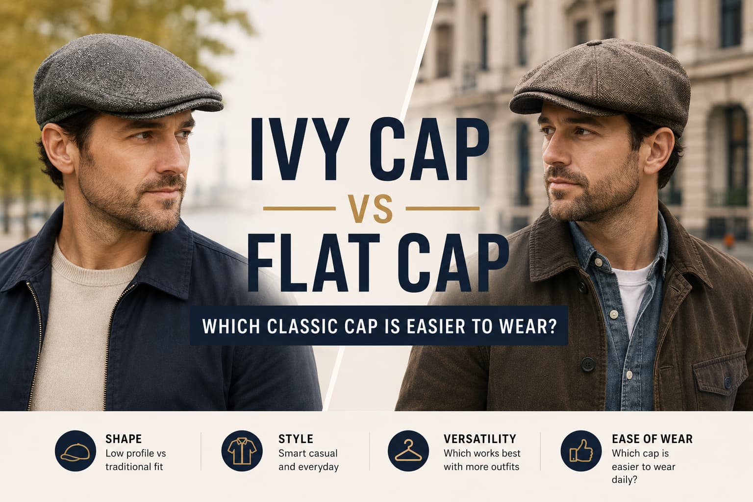 Two men wearing an ivy cap and a flat cap in an ivy cap vs flat cap comparison with neutral casual outfits