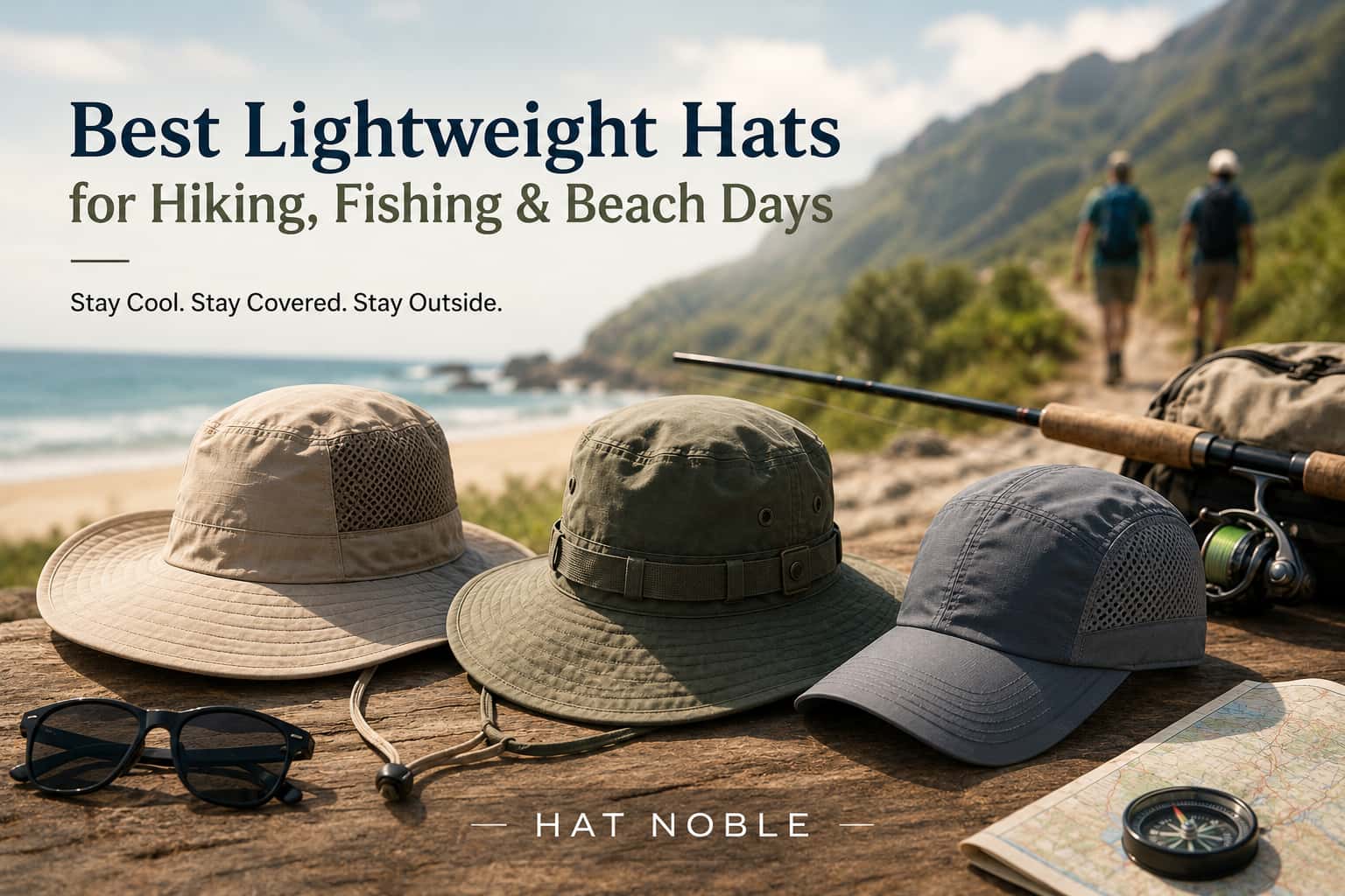 Lightweight bucket hat and sun hat arranged with outdoor travel gear for hiking, fishing and beach days