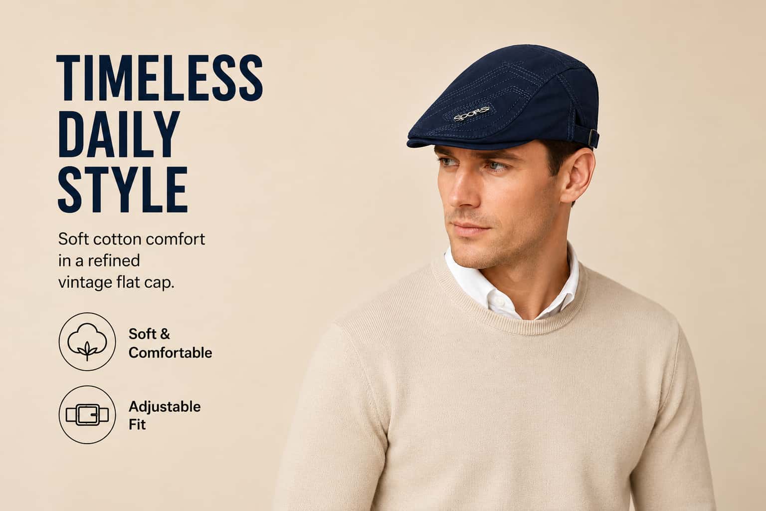 Man wearing a navy flat cap with a cream sweater for timeless daily smart casual style.