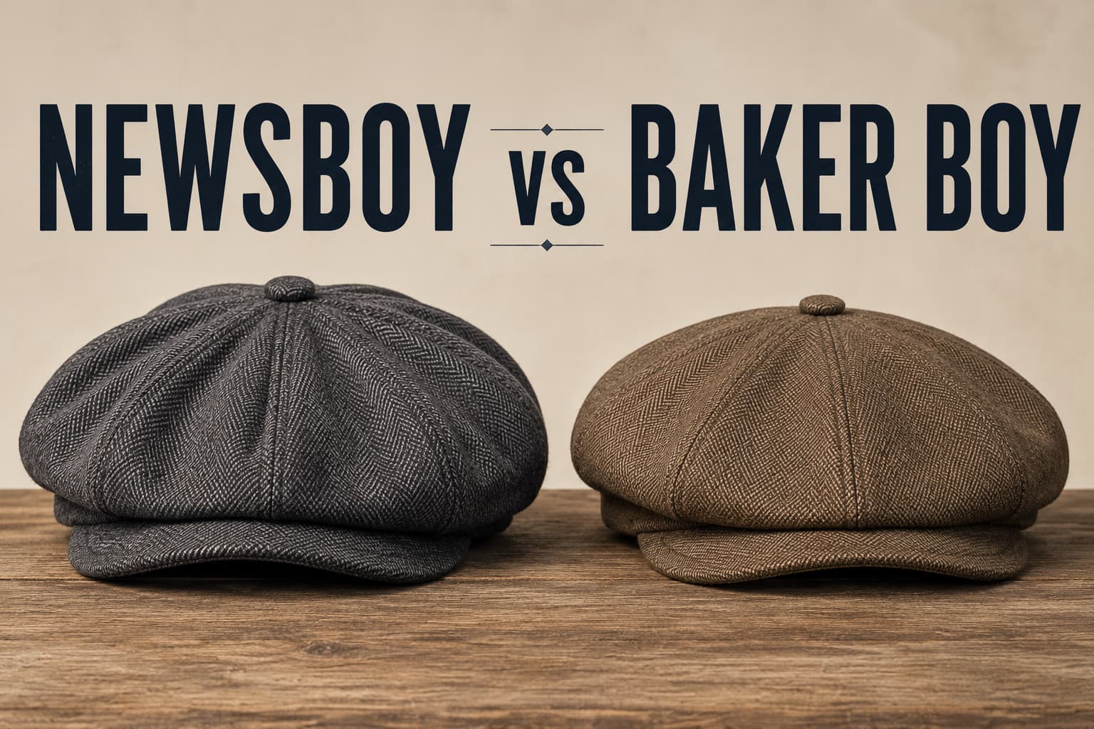 Side-by-side newsboy cap and baker boy cap comparison with eight-panel crowns, short brims, and top buttons