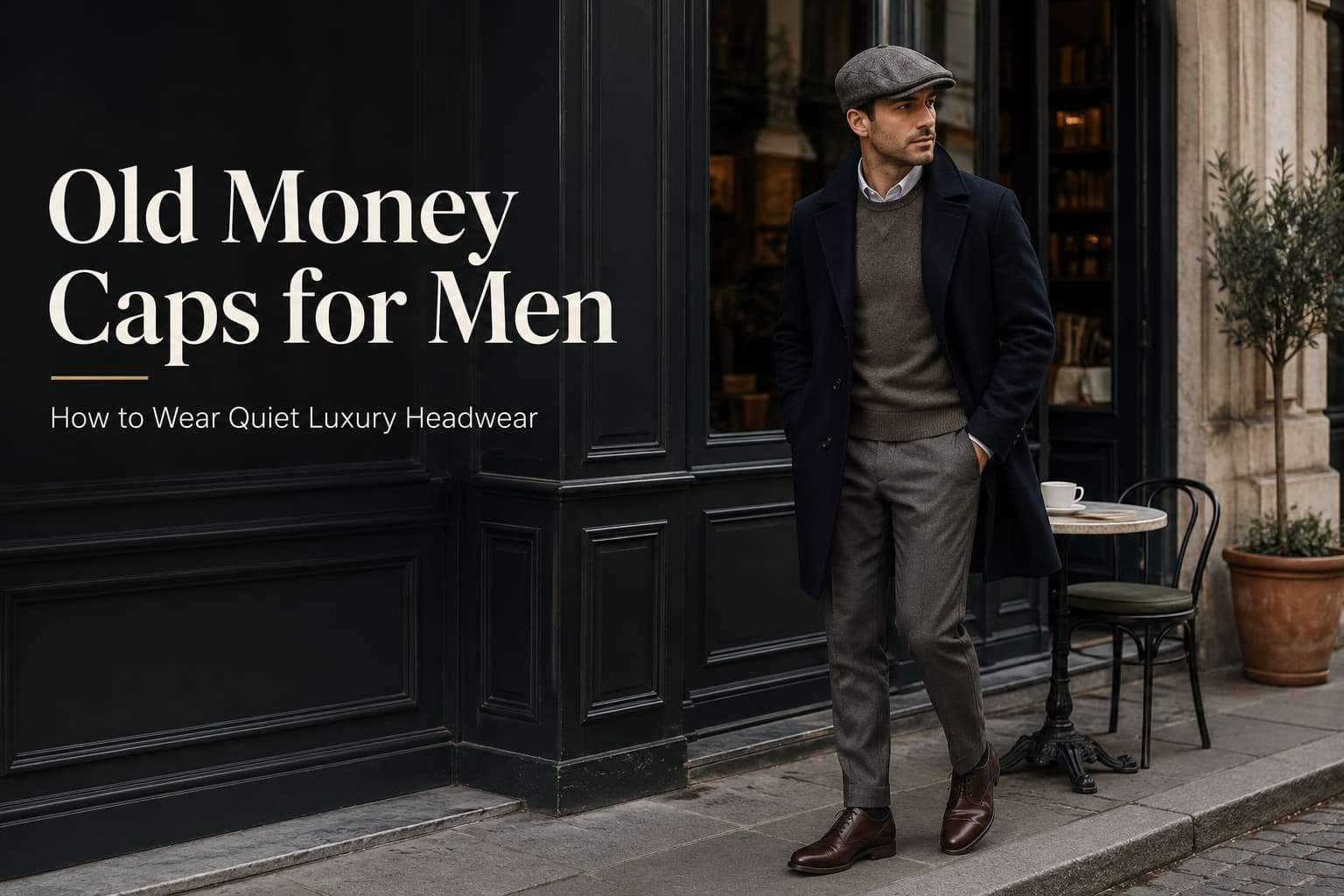 Man wearing an old money caps for men flat cap with a wool coat, knit sweater, tailored trousers, and leather shoes.