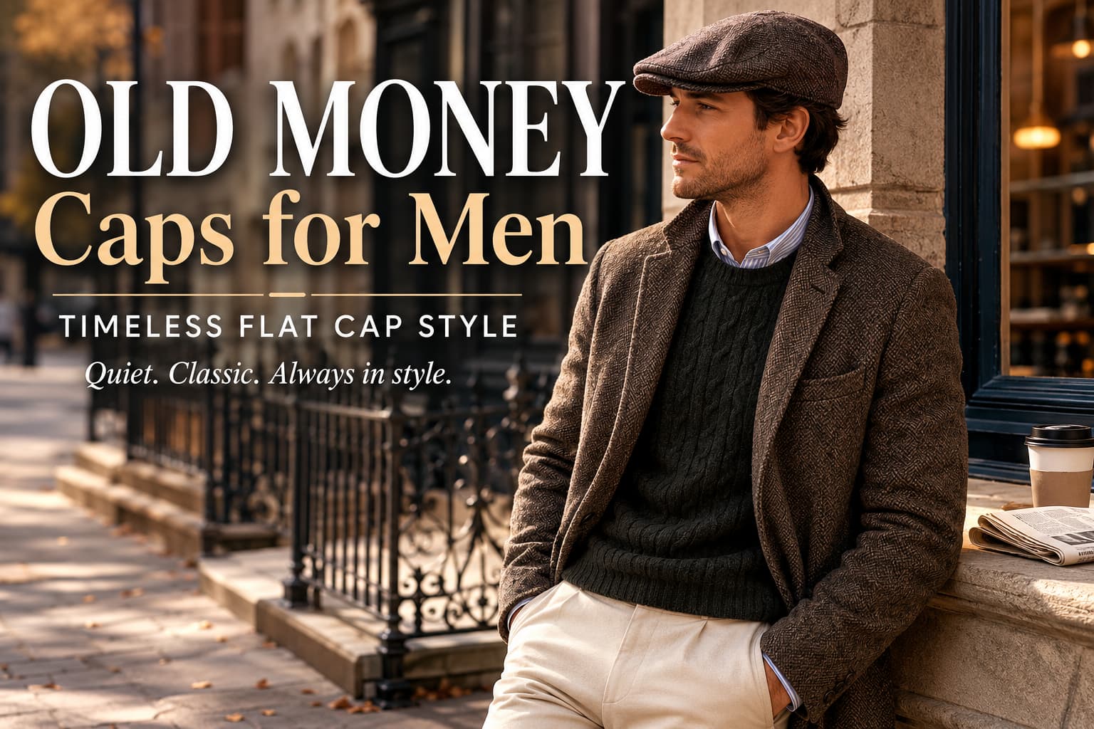 Man wearing a brown flat cap with a tweed blazer and cream trousers on a city street, illustrating old money caps for men.