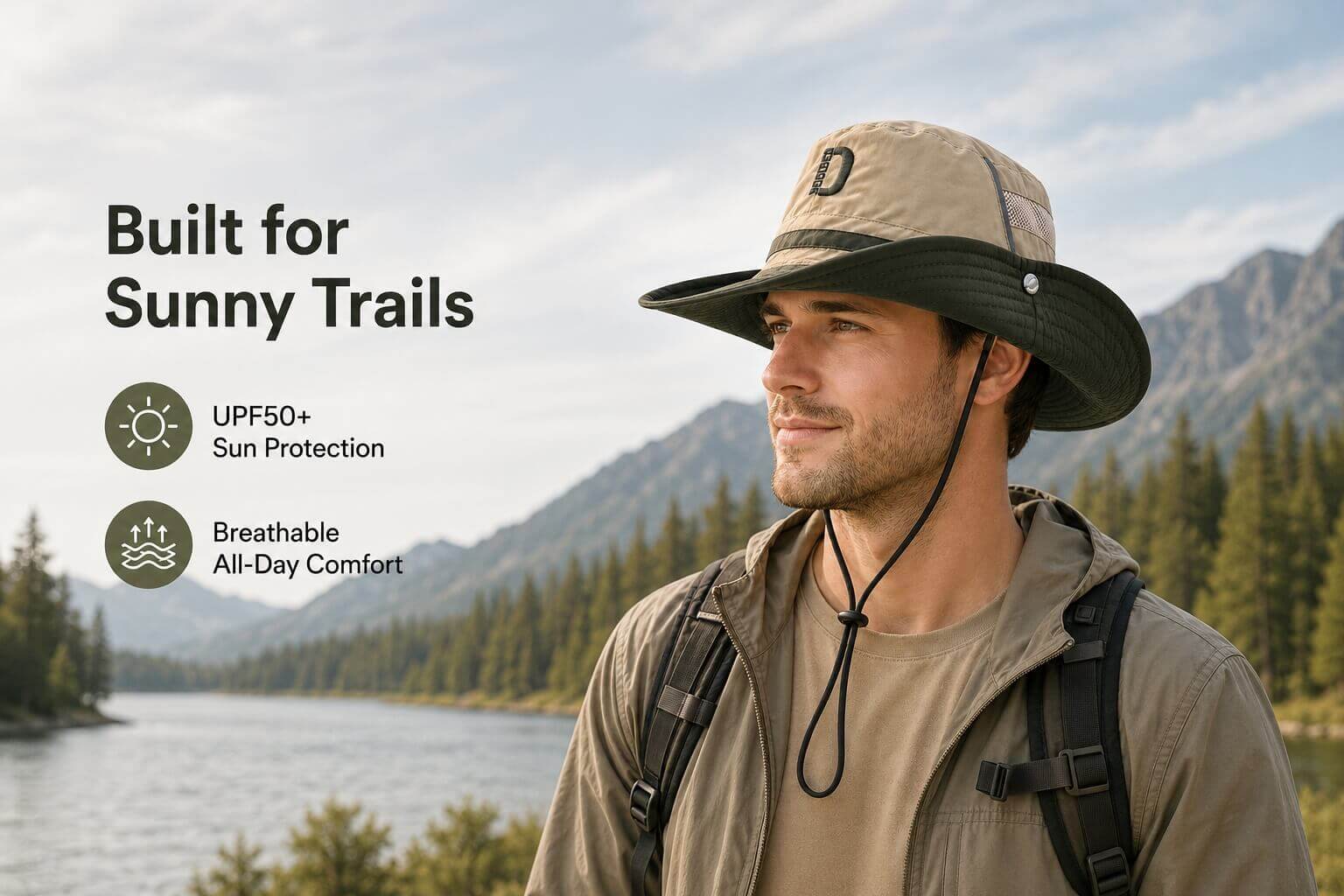 Man wearing an olive green outdoor hiking bucket hat with wide brim shade, breathable mesh panels, and adjustable chin cord on a sunny mountain trail.