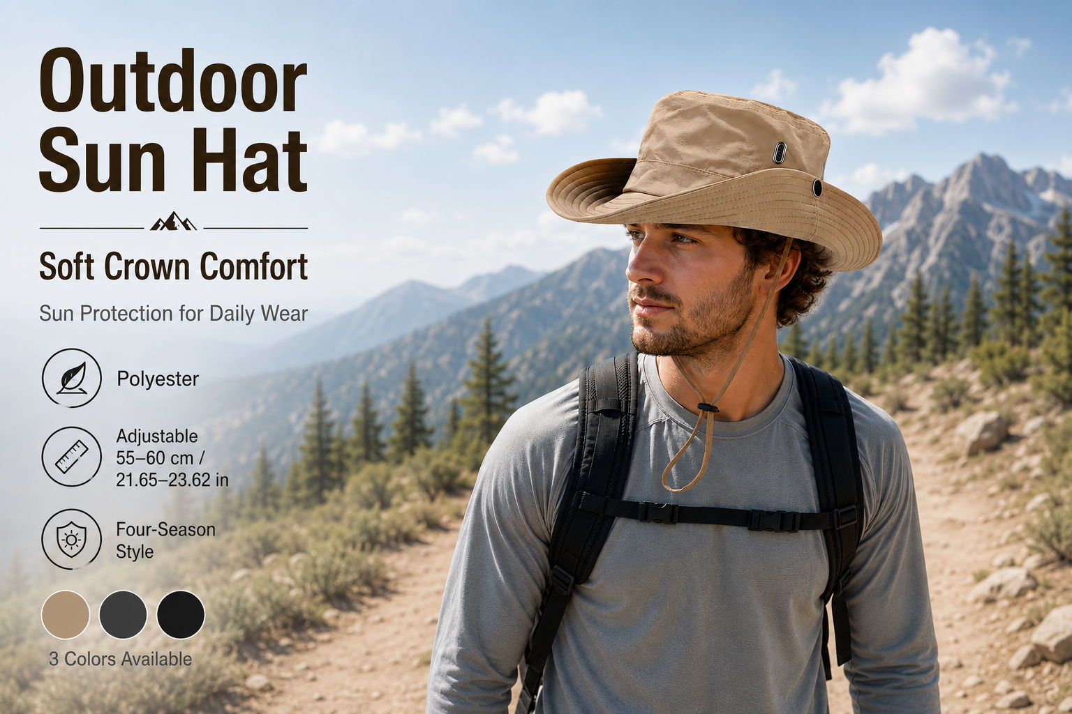 Man wearing a khaki outdoor sun hat with wide brim, soft crown, adjustable chin cord, and lightweight polyester comfort on a sunny mountain trail.