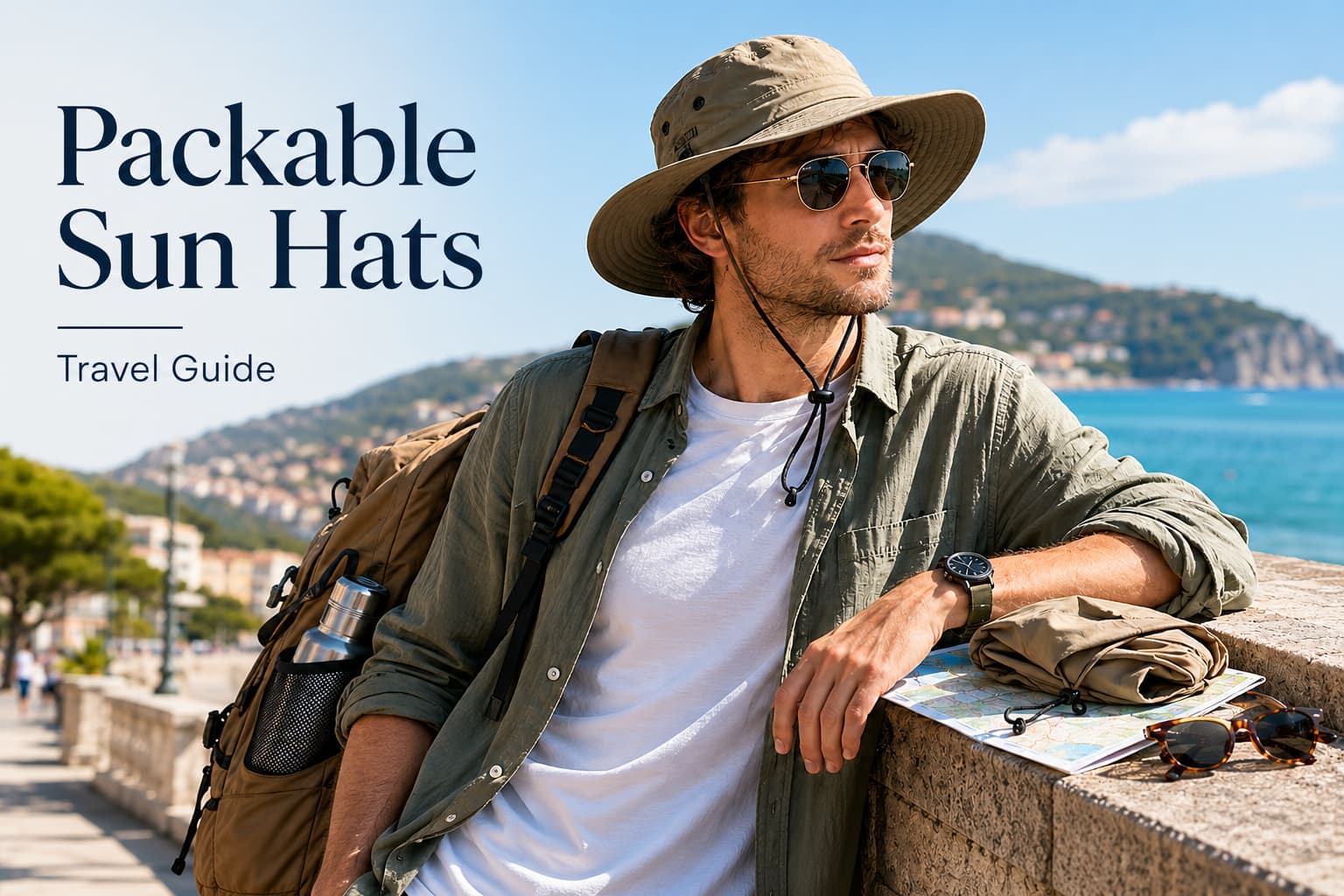 Man wearing a packable wide-brim sun hat with a backpack on a coastal travel walkway