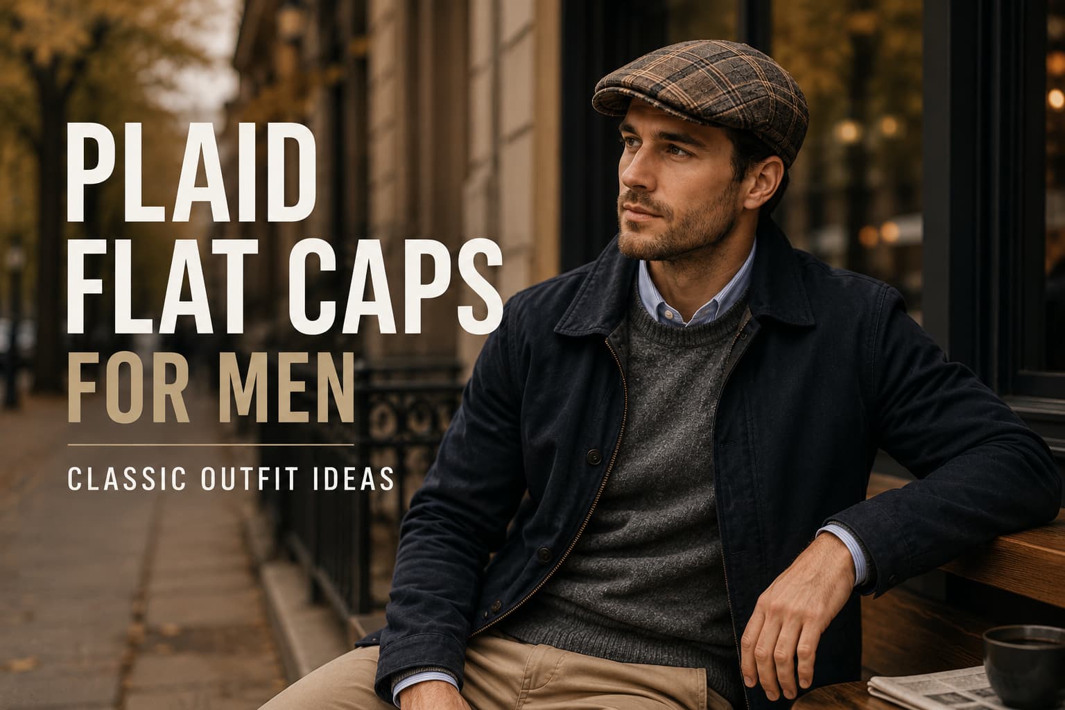 Man wearing a brown plaid flat cap with a navy jacket and gray sweater in a classic autumn city outfit