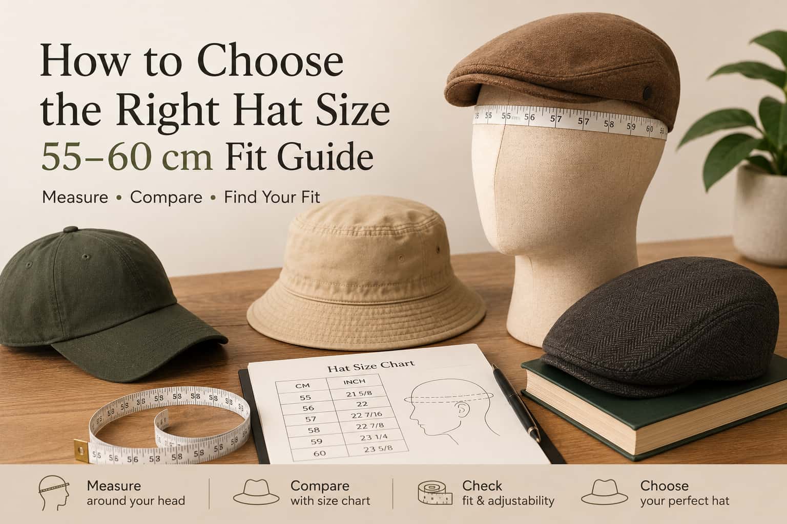 Hat size guide with measuring tape, baseball cap, bucket hat, and flat cap for 55 to 60 cm fit