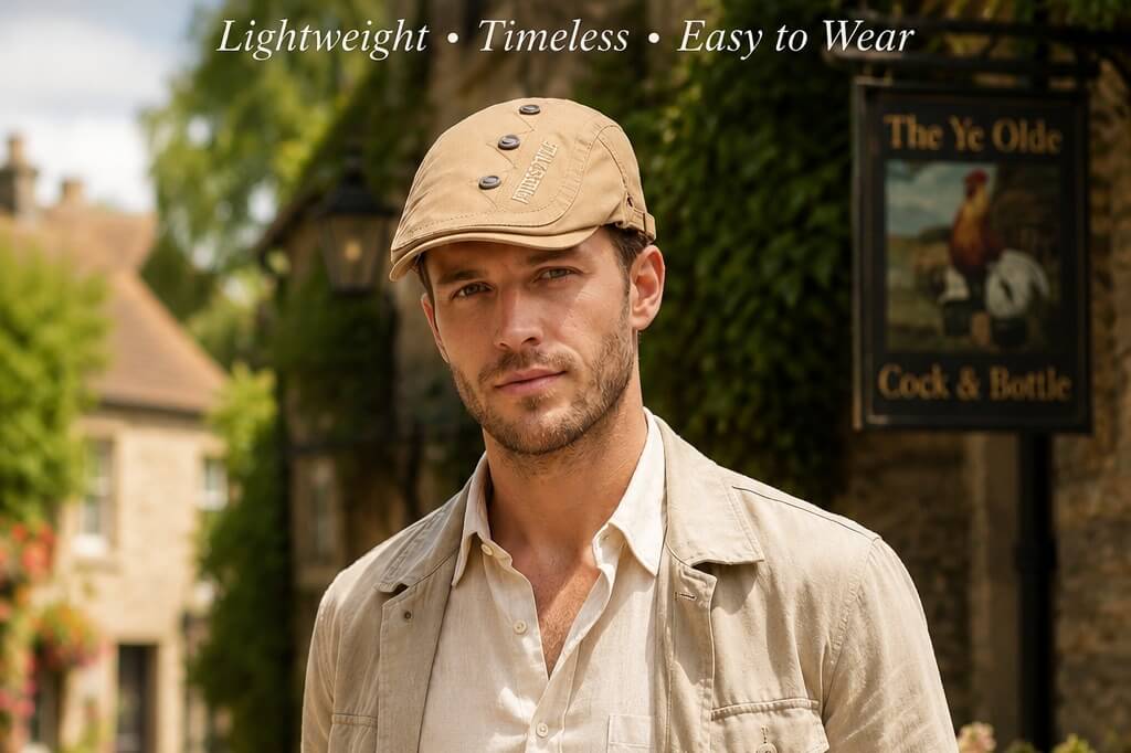 Man wearing a beige summer flat cap with a lightweight shirt and neutral jacket in a British casual street style outfit.