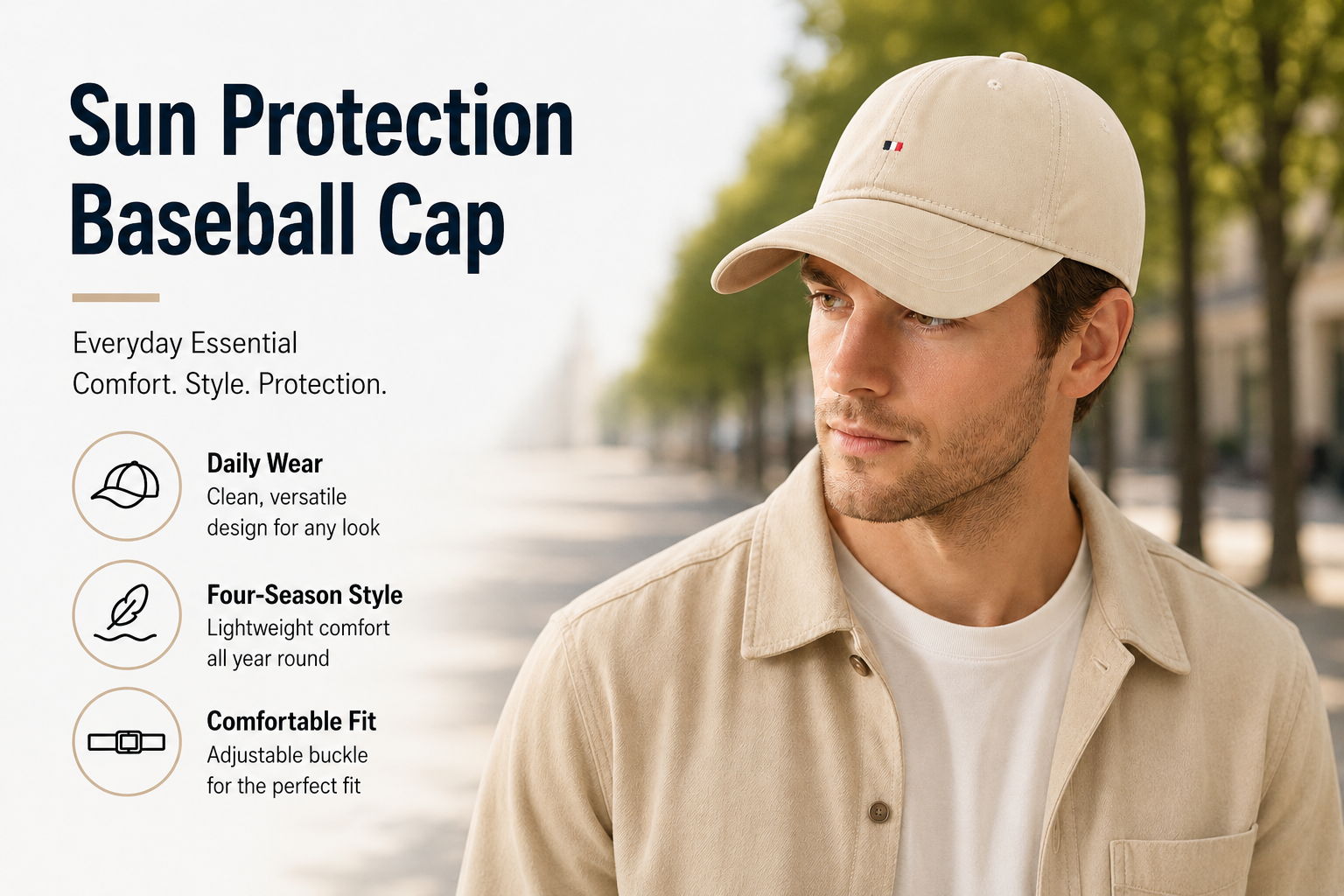 Man wearing a beige cotton sun protection baseball cap with curved brim and adjustable back strap for daily wear, travel, walking, and casual outdoor style.
