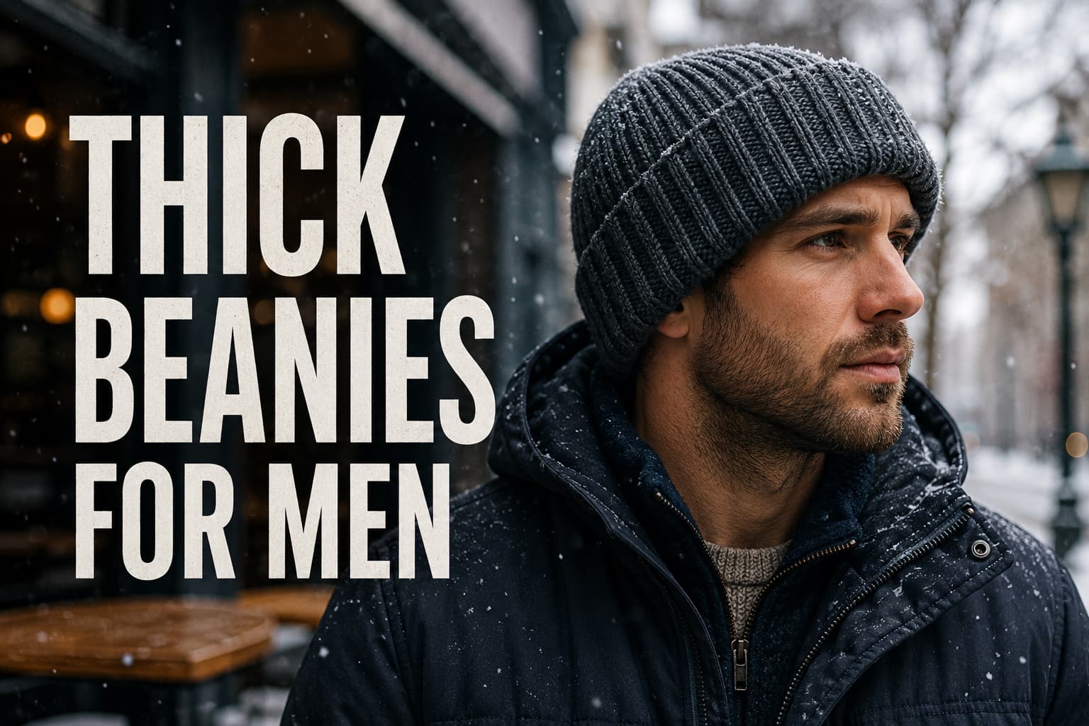 Man wearing a thick cuffed knit beanie with visible ribbed texture on a snowy winter city street