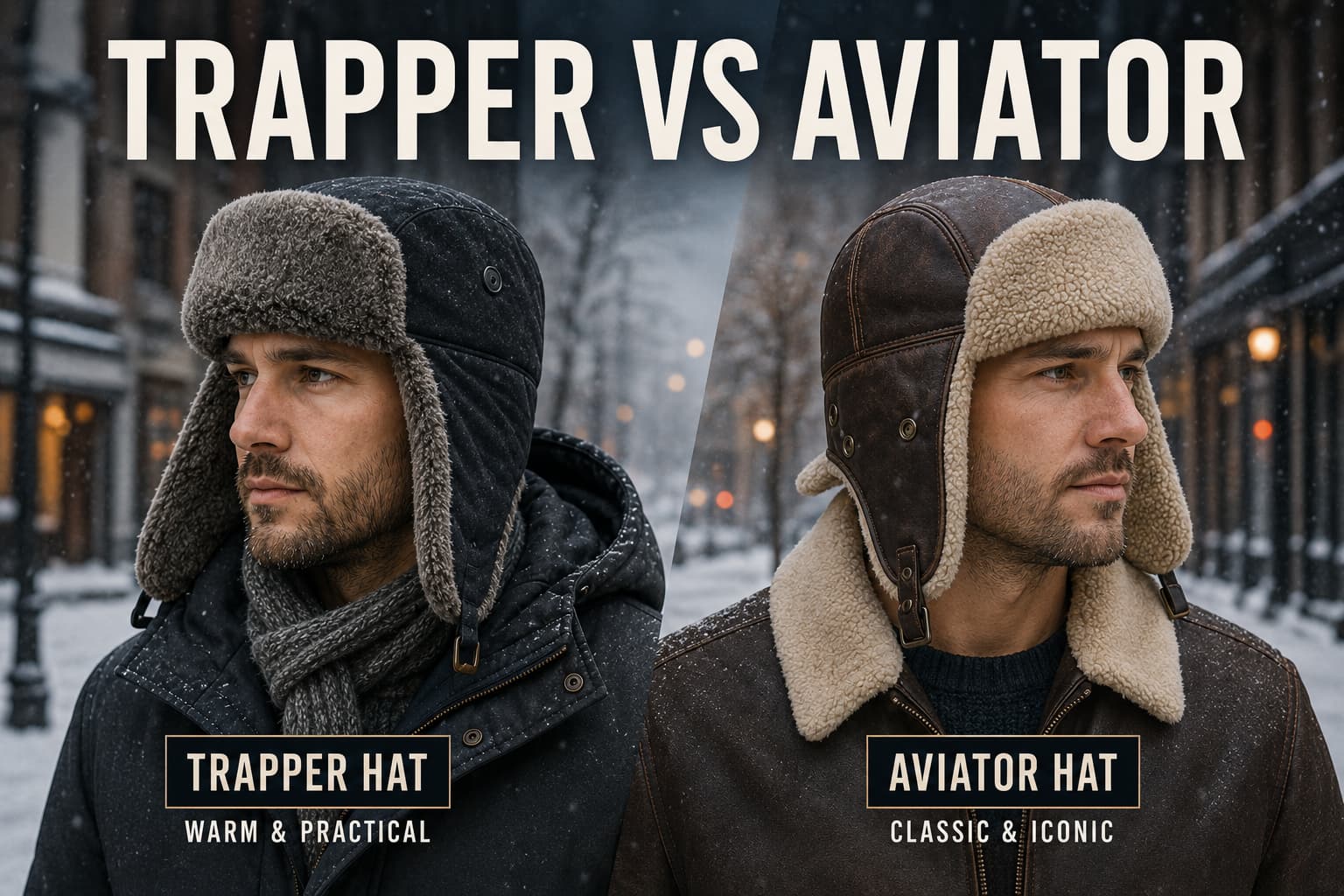 Two men wearing a gray trapper hat and brown aviator hat on a snowy winter city street