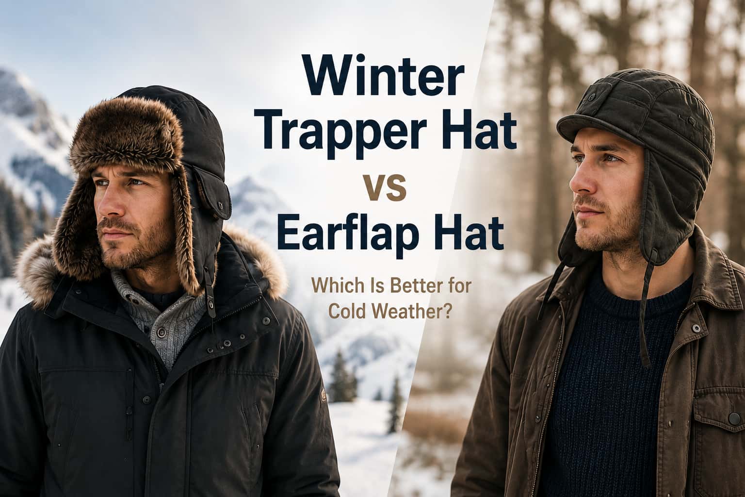 Winter trapper hat and earflap hat shown side by side in a cold weather outdoor scene