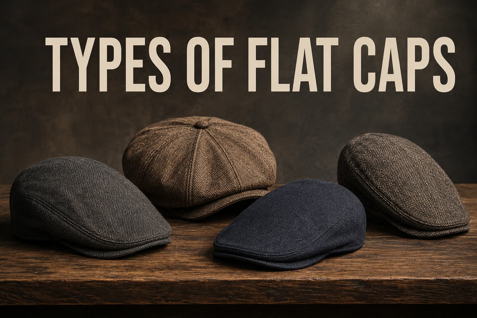 Four different types of flat caps for men displayed on a wooden table, including ivy, newsboy, driving and duckbill styles