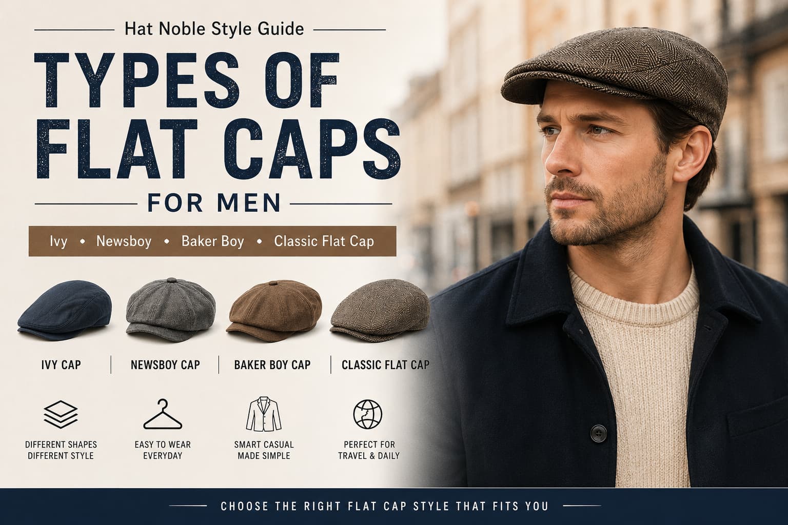 Men’s style guide poster showing types of flat caps, including ivy, newsboy, baker boy, and classic flat cap styles.