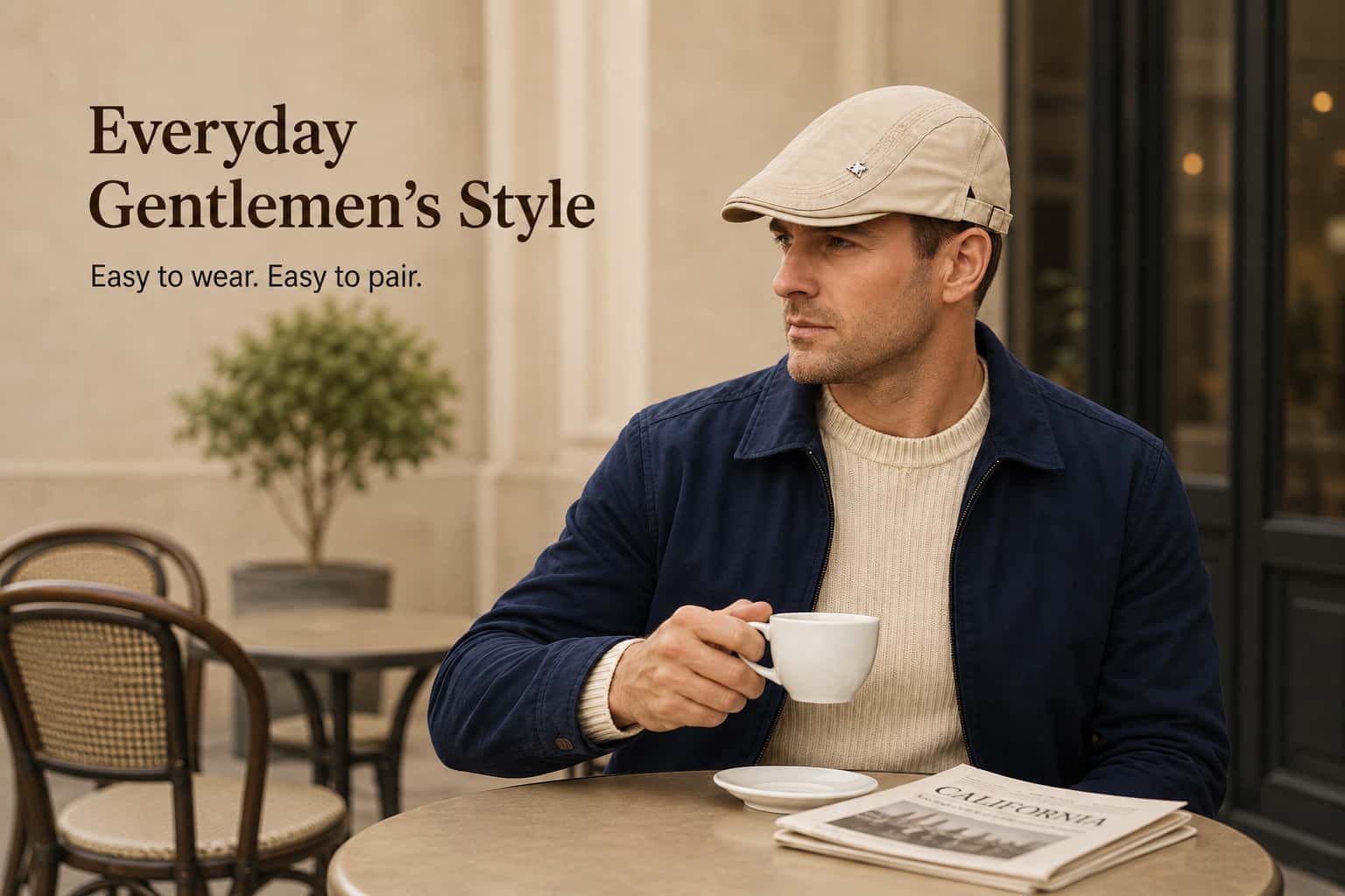 Man wearing a beige vintage flat cap with a navy jacket and cream sweater for everyday gentlemen’s style.