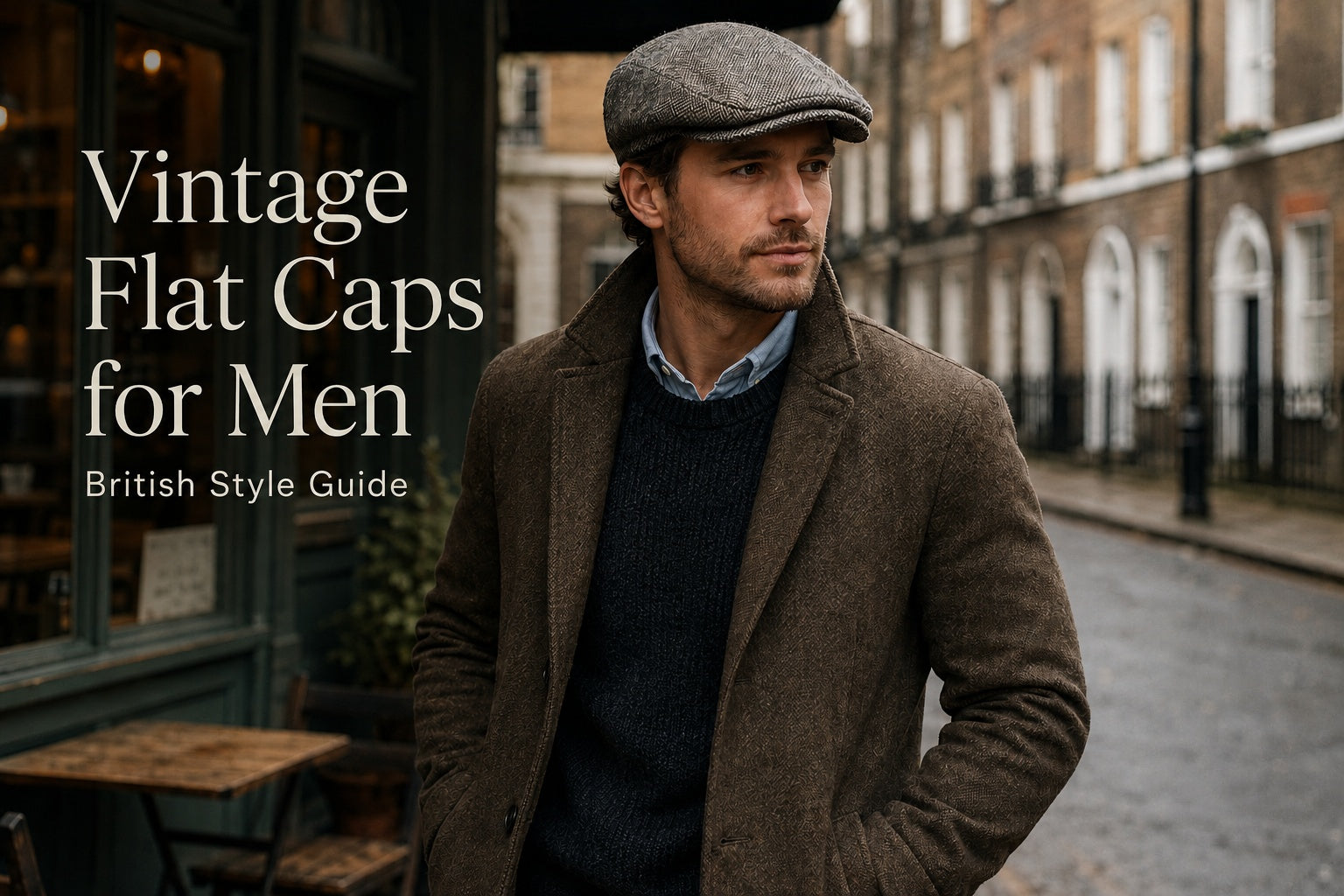 Man wearing a vintage flat cap and wool coat on a British-inspired city street