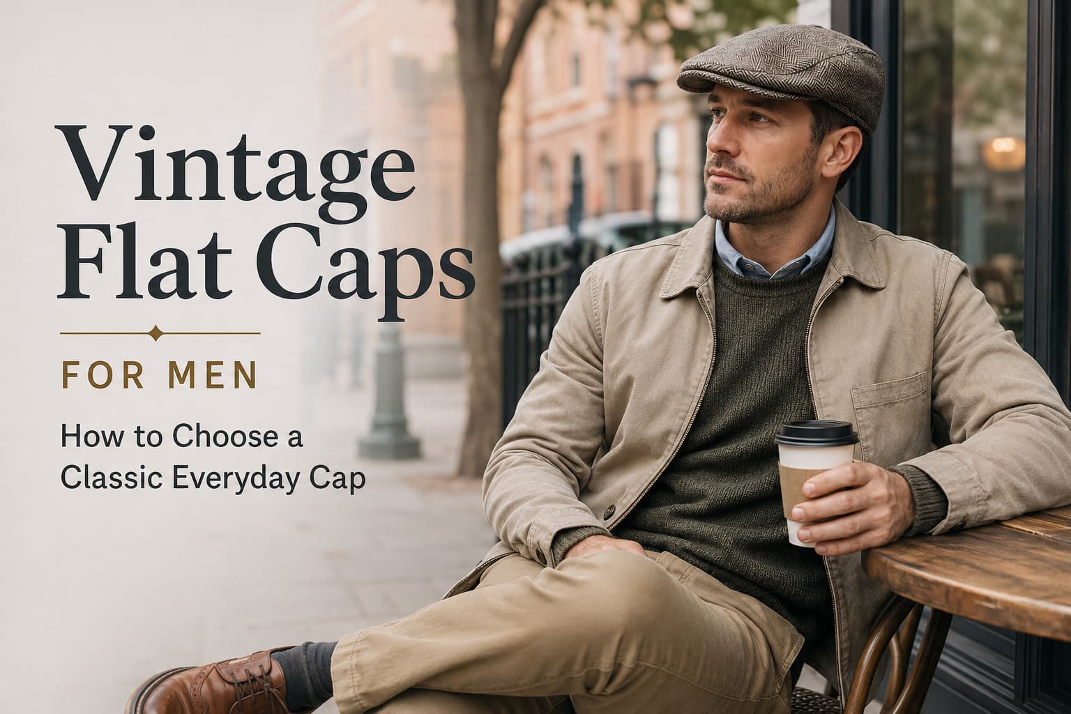 Adult man wearing a grey vintage flat cap for men with casual smart layers at an outdoor city coffee shop.