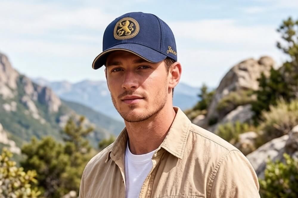Man wearing a vintage navy baseball cap with a gold emblem in an outdoor hiking and travel outfit.