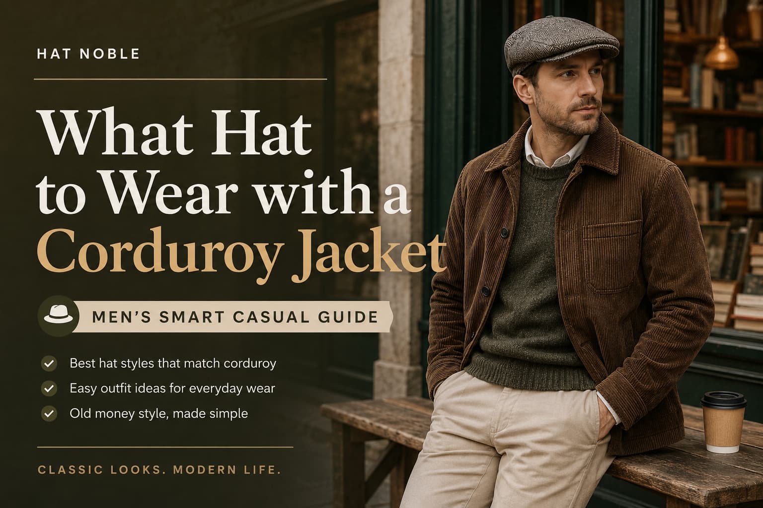 Man wearing a flat cap with a corduroy jacket, knit sweater, chinos, and leather boots in a smart casual outfit.