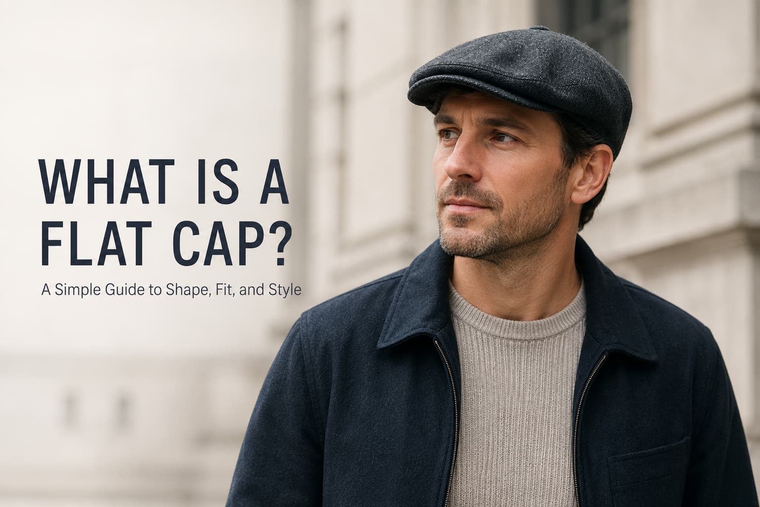 What is a flat cap guide image showing a man wearing a low-profile flat cap with smart casual clothing in a city setting