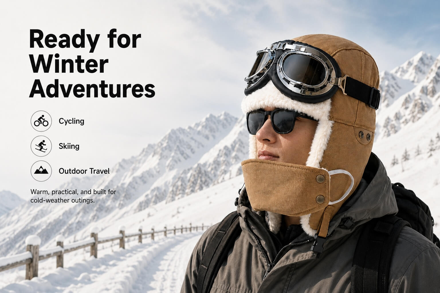 Man wearing a khaki fleece-lined winter outdoor aviator hat with detachable goggles and removable face cover in a snowy mountain setting.