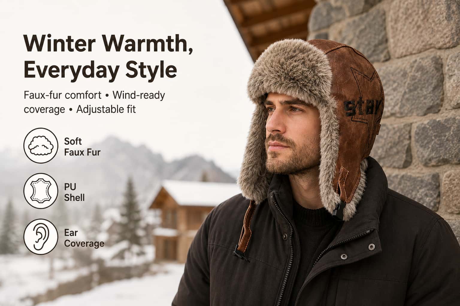 Man wearing a brown PU leather winter trapper hat with soft faux-fur ear flaps, full ear coverage, and adjustable fit in a snowy outdoor setting.