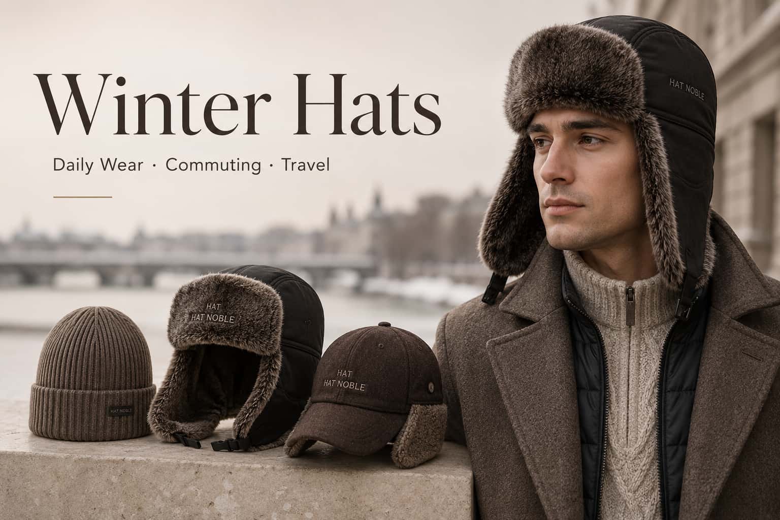 Hat Noble winter hats collection banner featuring a man wearing a warm faux fur trapper hat with a knit beanie, aviator hat, and earflap winter cap for daily wear, commuting, travel, and cold-weather outfits.
