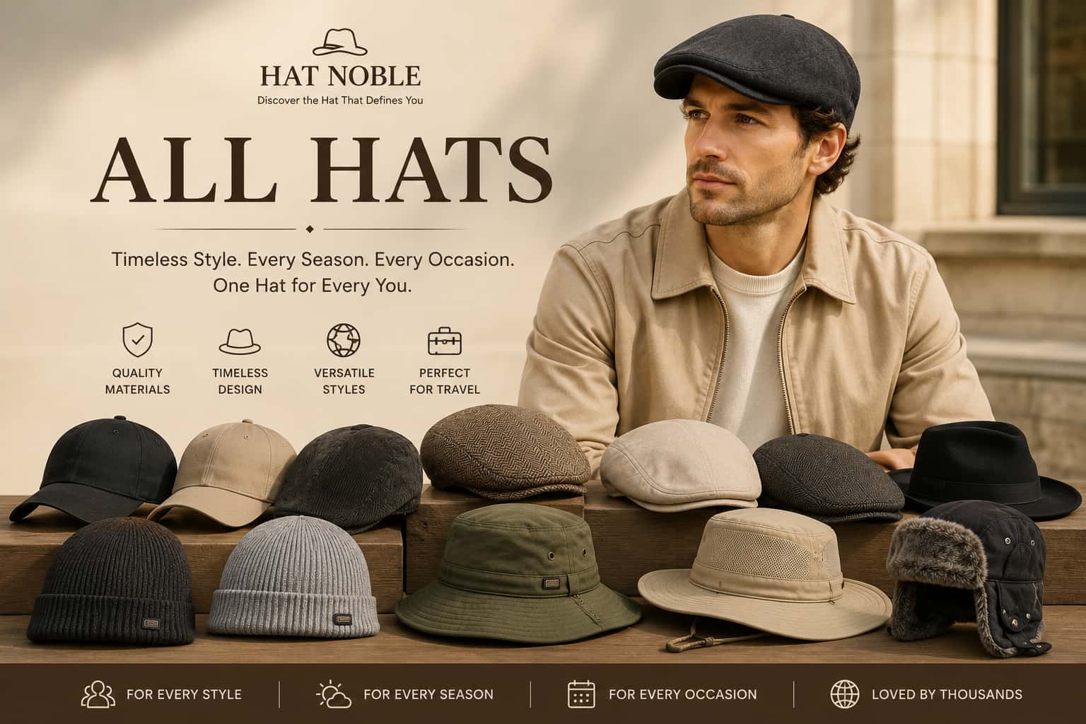 Hat Noble all hats collection banner featuring flat caps, baseball caps, bucket and sun hats, and winter hats for everyday wear, travel, outdoor style, and seasonal outfits.
