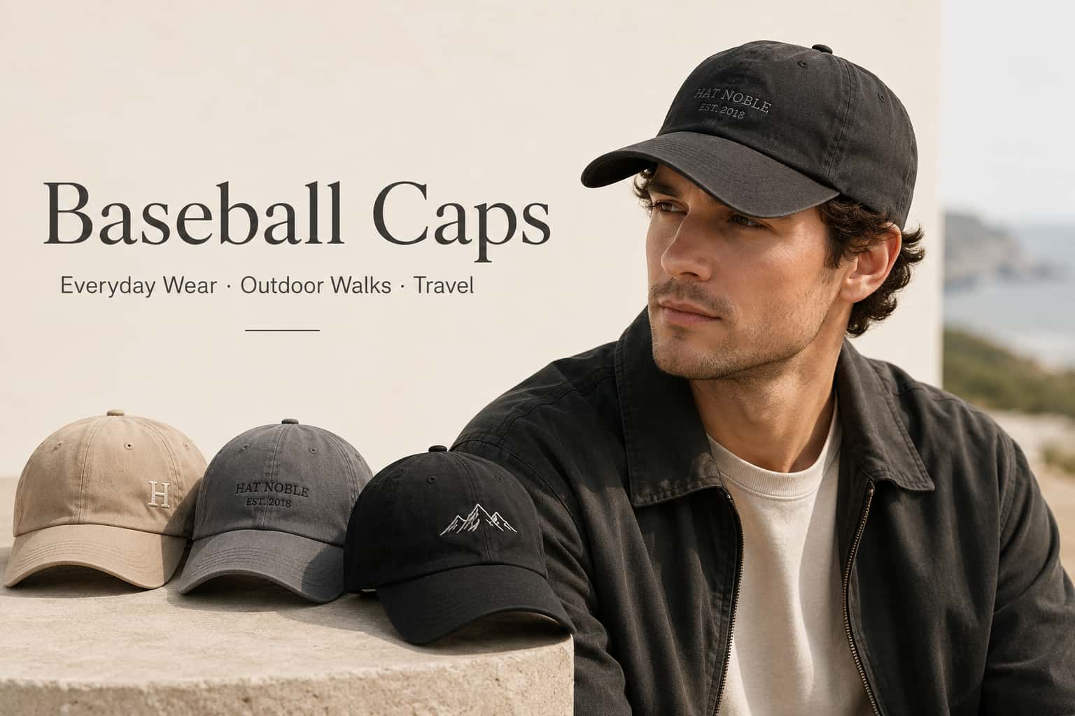 Hat Noble baseball caps collection banner featuring a man wearing a black adjustable cap with beige, grey, and black cotton caps for everyday wear, outdoor walks, and travel.