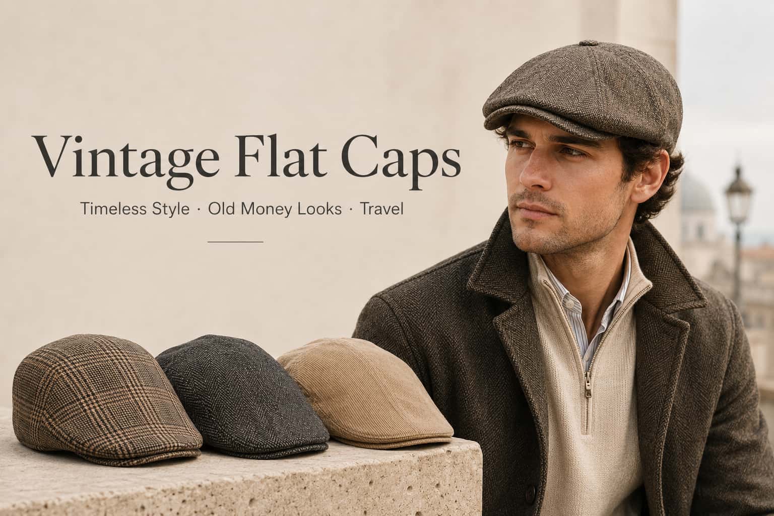 Hat Noble vintage flat caps collection banner featuring a man wearing a classic ivy flat cap with brown plaid, charcoal, and beige flat caps for timeless style, old money looks, and travel outfits.