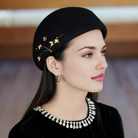 1pc Women's Beanie Hat - 100% Wool Tweed British Style with Golden Floral Embellishments, Breathable Non-Stretchy Winter Hat for Parties, Birthdays & Holidays, Classic Elegant Design
