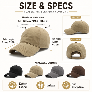 Size and specs chart for adjustable cotton baseball cap with 55–60 cm head circumference.