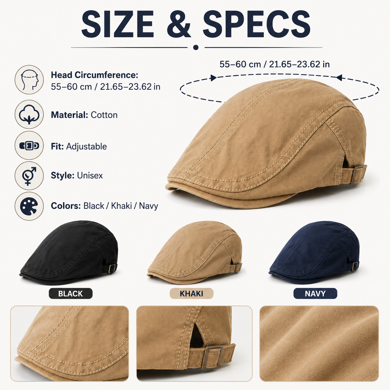 Adjustable cotton flat cap size guide with 55–60 cm / 21.65–23.62 in head circumference and one size fit